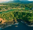 An overhead view of the par-3 seventh hole on the Ocean nine at the Makai Course. 