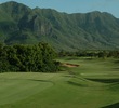 The par-4 17th at Puakea Golf Course has a fine backdrop of the Kauai mountains.