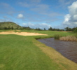 The 452-yard sixth hole on the Arnold Palmer Course at Turtle Bay Resort features water down most of the right side.