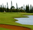 The par-5 fourth hole at the Prince Course at Princeville resort is reachable in two but guarded by water on the right. 