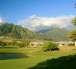The fifth hole at the Dunes at Maui Lani Golf Course is a short par 4 that plays to a green guarded by water. 