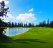 The second shot can be a high-risk attempt at the green on the par-5 finishing hole at Makai Golf Club.