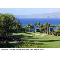 The par-4 fourth hole on the Emerald Course at Wailea Golf Club plays downhill toward the ocean.