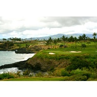 The par-3 fifth on the Kiele Moana nine at Kauai Lagoons Golf Club is a famous par 3 that plays over the ocean.